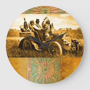 APACHES AND GERONIMO DRIVING A MOTOR CAR LARGE CLOCK