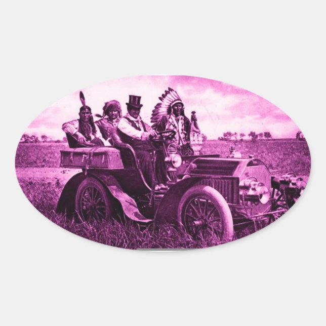 APACHES AND GERONIMO DRIVING A MOTOR CAR OVAL STICKER (Front)