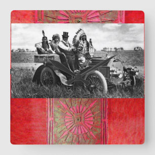 APACHES AND GERONIMO DRIVING A MOTOR CAR SQUARE WALL CLOCK