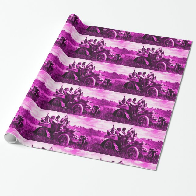 APACHES AND GERONIMO DRIVING A MOTOR CAR WRAPPING PAPER (Unrolled)