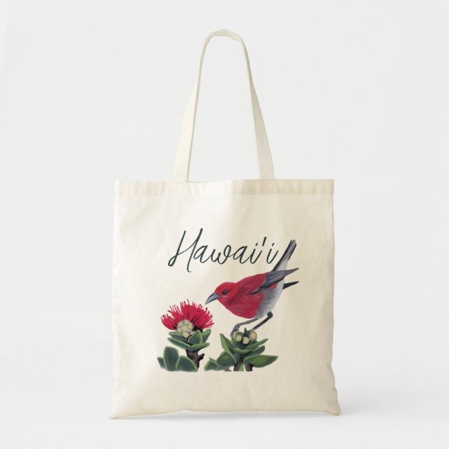 Apapane & Lehua Blossom Hawaii Nature Illustration Tote Bag (Front)