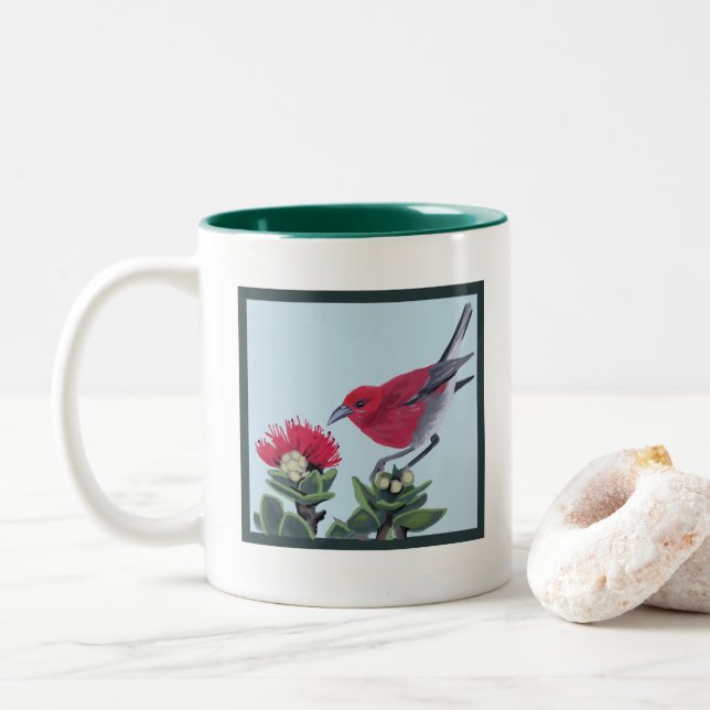 Apapane & Lehua Blossom Hawaii Nature Illustration Two-Tone Coffee Mug (With Donut)
