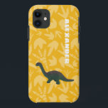 Apatosaurus Toy Dinosaur Green and Yellow iPhone 11 Case<br><div class="desc">Create a personalised gift that's perfect for dinosaur fans young and old. This cell or mobile phone case features a photo of a plastic toy apatosaurus dinosaur in green with rust red accents set against a bright yellow background featuring a pattern of fossils of dinosaur footprints. Add your own name...</div>