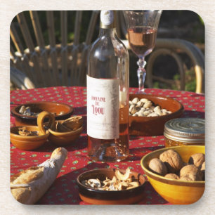 Aperitif and appetizers prepared: bread, olives, coaster