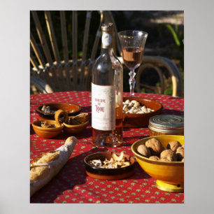 Aperitif and appetizers prepared: bread, olives, poster