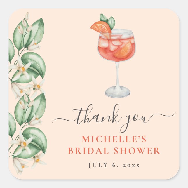 Aperol Spritz Orange Bridal Shower Square Sticker (Front)