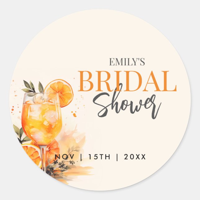 Aperol Spritz Watercolor Bridal Shower Classic Round Sticker (Front)
