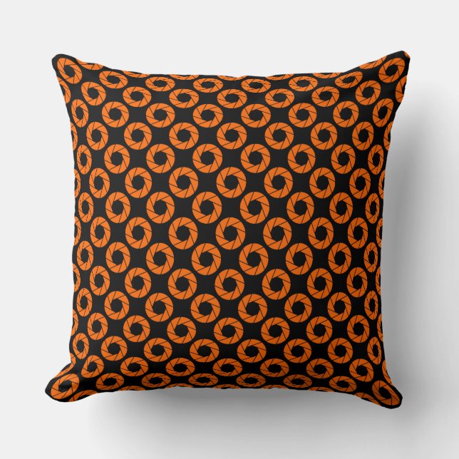 Aperture Pattern - Orange on Black Cushion (Front)