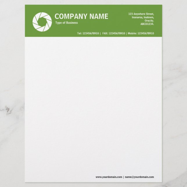 Aperture Symbol 2in Colour Header - Avocado Green Letterhead Template (Front)