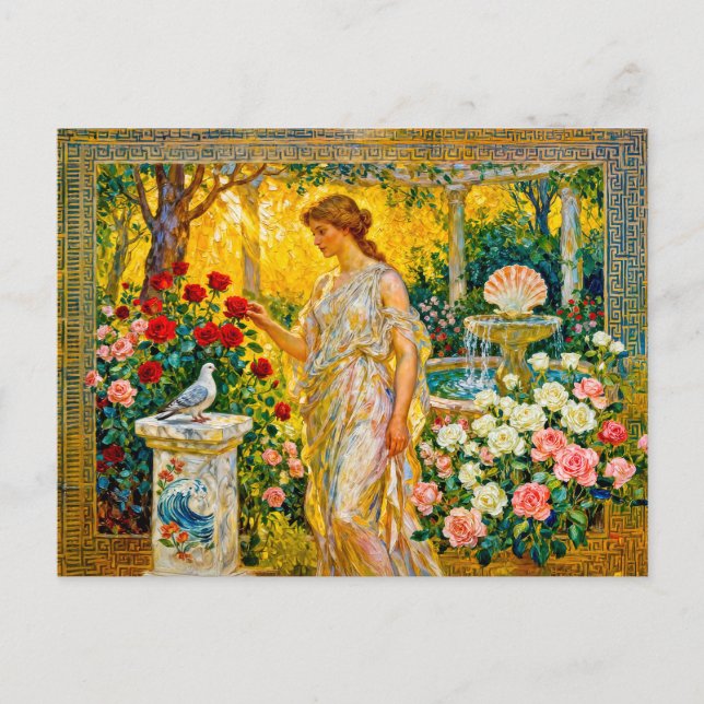 Aphrodite in Rose Garden with Fountain, Shell and  Postcard (Front)