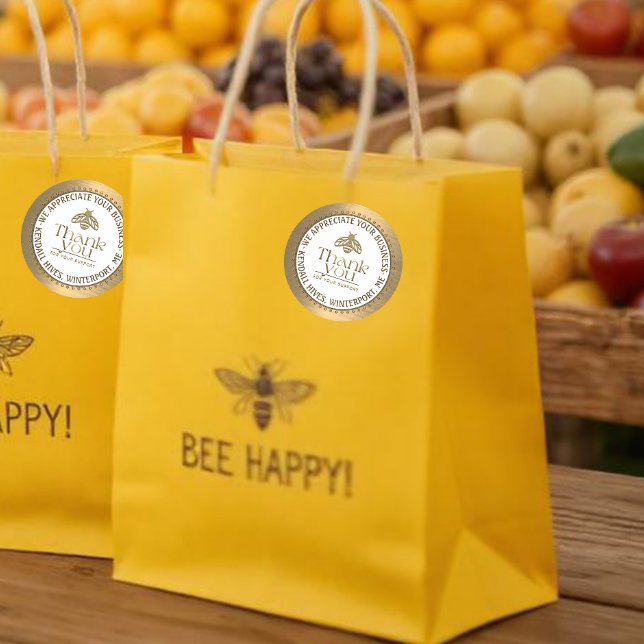 APIARY 3D GOLD HONEY BEE LOGO BUSINESS THANK YOU   CLASSIC ROUND STICKER (Creator Uploaded)