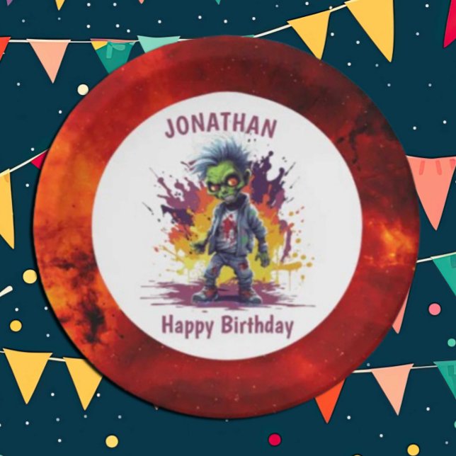Apocalypse Birthday Zombie Boy Paper Plate (Zombie Walkers,  Your birthday party won't be complete without an array of gruesome zombie props! )