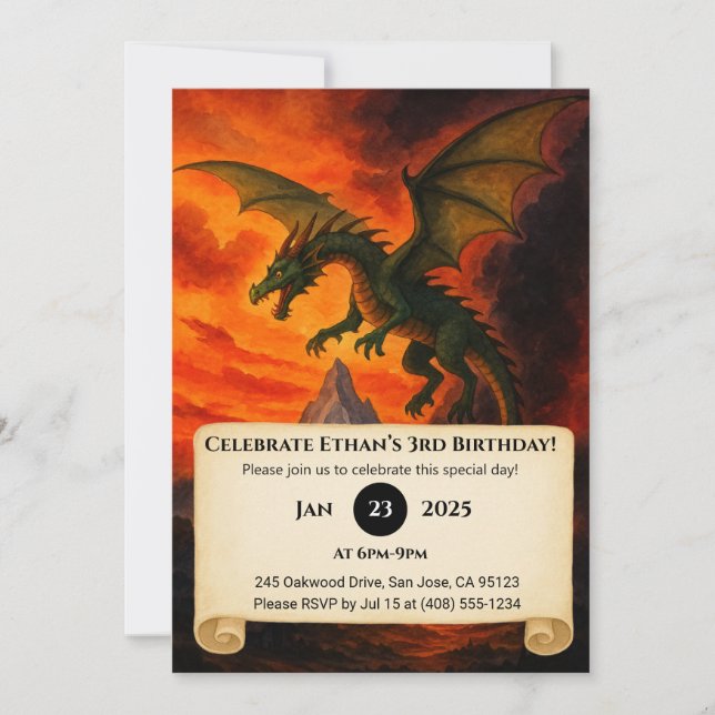 Apocalyptic Fire Dragon Over Burning Birthday Invitation (Front)