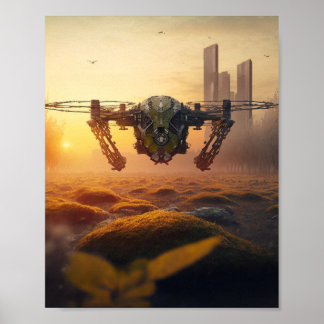 Apocalyptic Flying Drone during sunrise Poster