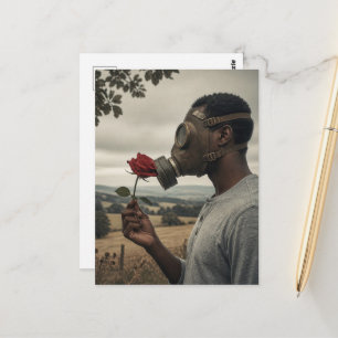 apocalyptic Vintage man in a Gas Mask Red Rose Postcard