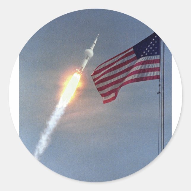 Apollo 11 launch, with flag, NASA Classic Round Sticker (Front)