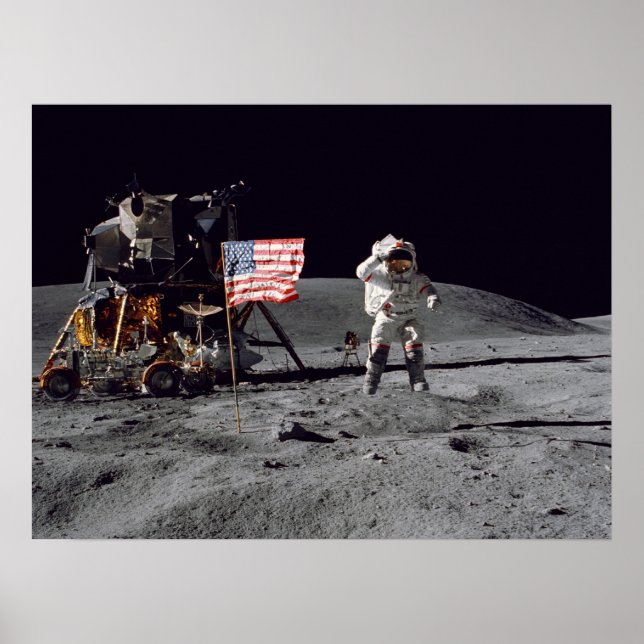 Apollo 16 Astronaut Salutes American Flag Poster (Front)