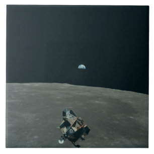 Apollo Lunar Lander and Earthrise Over Moon Ceramic Tile