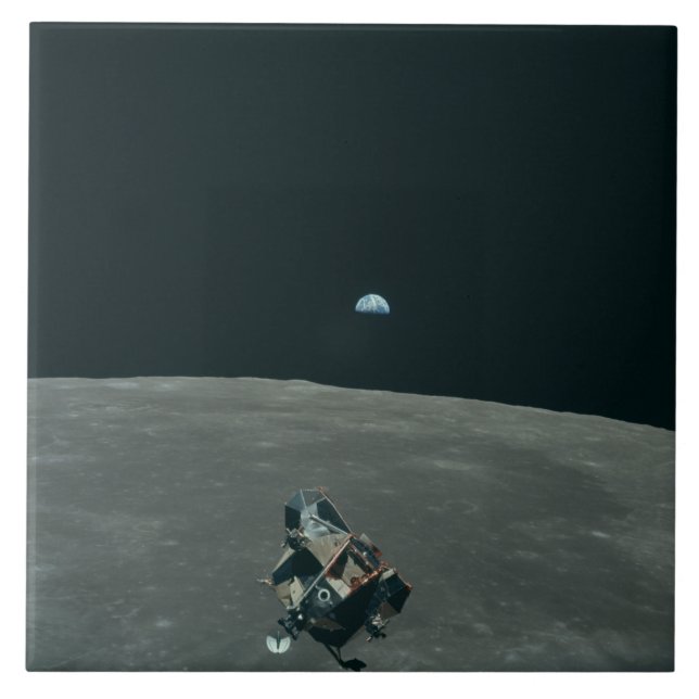 Apollo Lunar Lander and Earthrise Over Moon     Ceramic Tile (Front)