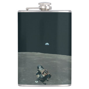 Apollo Lunar Lander and Earthrise Over Moon Hip Flask