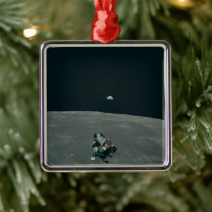 Apollo Lunar Lander and Earthrise Over Moon     Metal Ornament