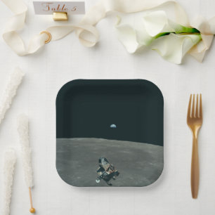 Apollo Lunar Lander and Earthrise Over Moon Paper Plate