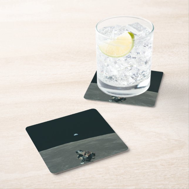 Apollo Lunar Lander and Earthrise Over Moon     Square Paper Coaster (Insitu)