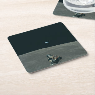 Apollo Lunar Lander and Earthrise Over Moon Square Paper Coaster