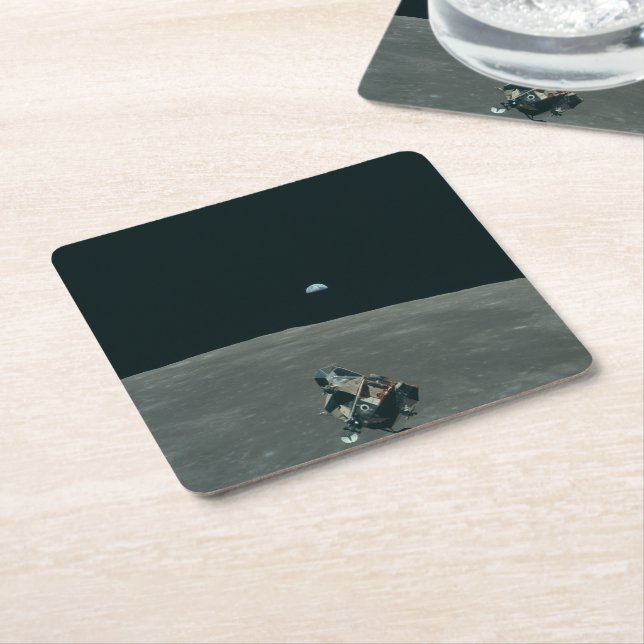 Apollo Lunar Lander and Earthrise Over Moon     Square Paper Coaster (Angled)