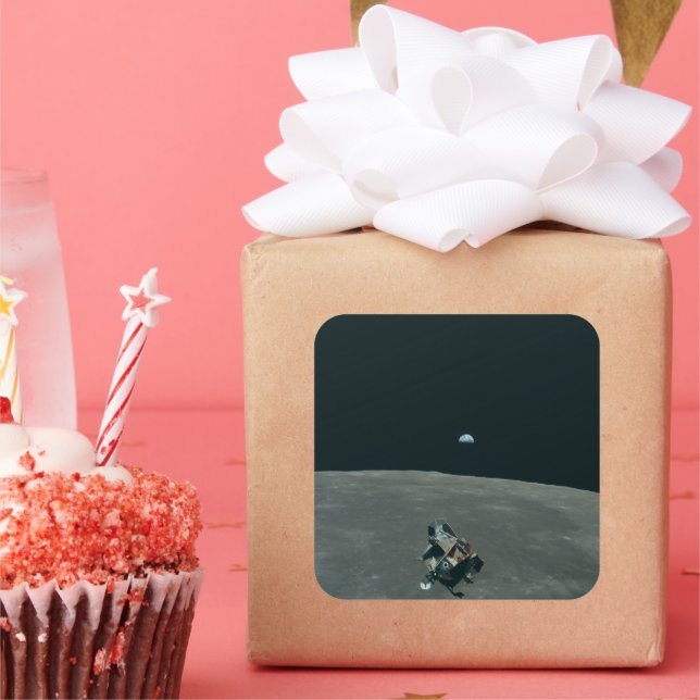 Apollo Lunar Lander and Earthrise Over Moon     Square Sticker (Party)