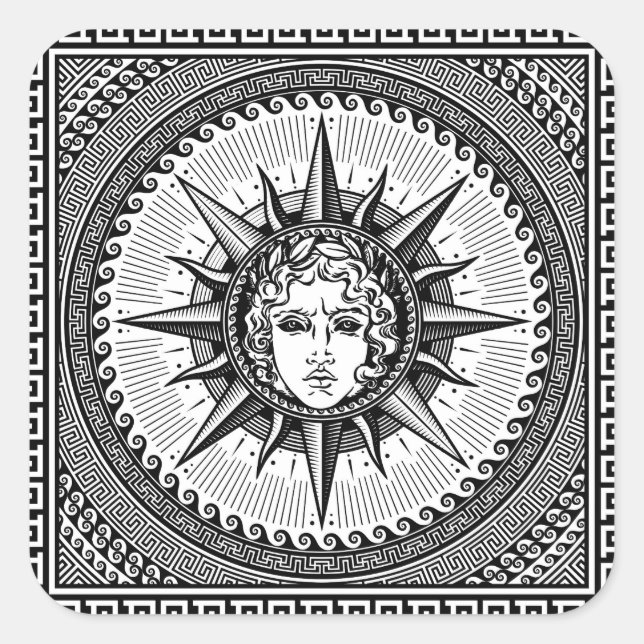 Apollo Sun God Symbol on Greek Key Ornament Square Sticker (Front)