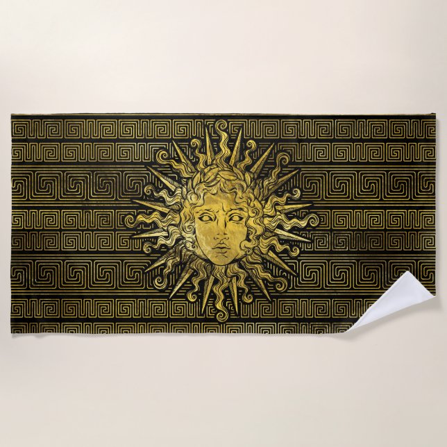 Apollo Sun Symbol on Greek Key Pattern Beach Towel (Front)