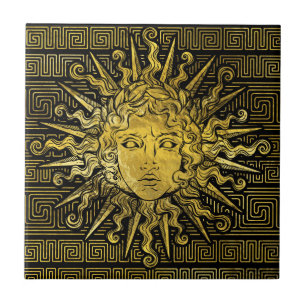 Apollo Sun Symbol on Greek Key Pattern Ceramic Tile