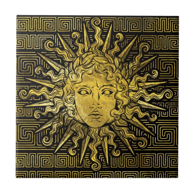 Apollo Sun Symbol on Greek Key Pattern Ceramic Tile (Front)