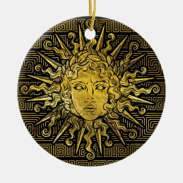 Apollo Sun Symbol on Greek Key Pattern Ceramic Tree Decoration (Front)