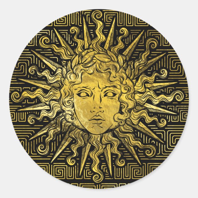 Apollo Sun Symbol on Greek Key Pattern Classic Round Sticker (Front)