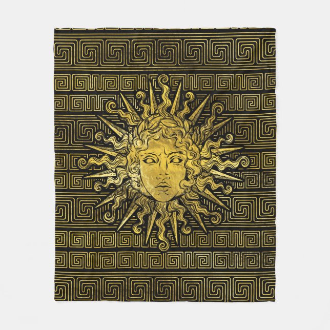Apollo Sun Symbol on Greek Key Pattern Fleece Blanket (Front)