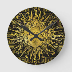 Apollo Sun Symbol on Greek Key Pattern Round Clock