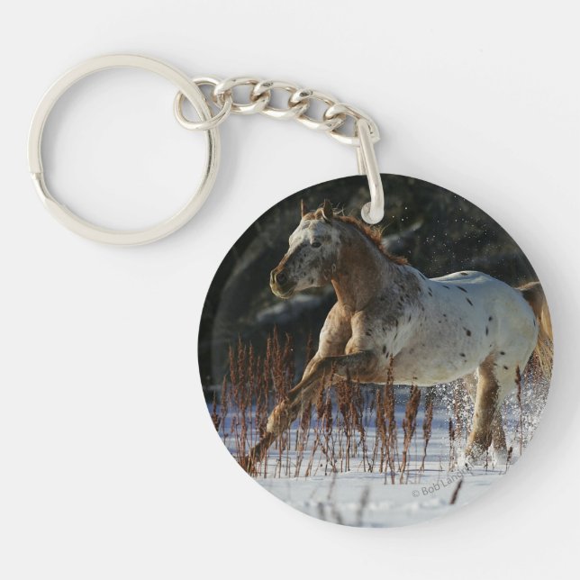 Appaloosa Horse Running in the Snow Key Ring (Front)