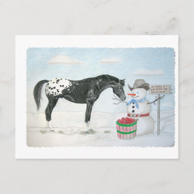 Appaloosa horse with snowman, rectangular postcard (Front)