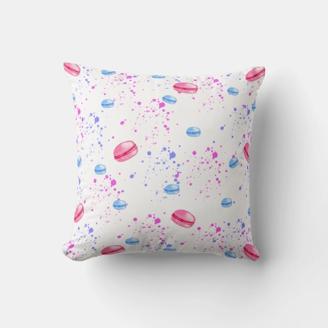 Appetising macarons in watercolor splatters cushion (Front)
