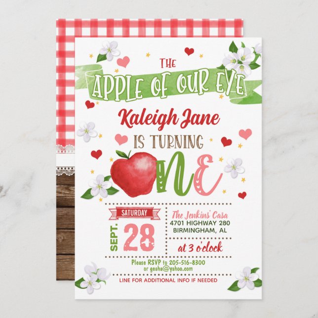 Apple 1st Birthday Invitation - Apple of Our Eye (Front/Back)