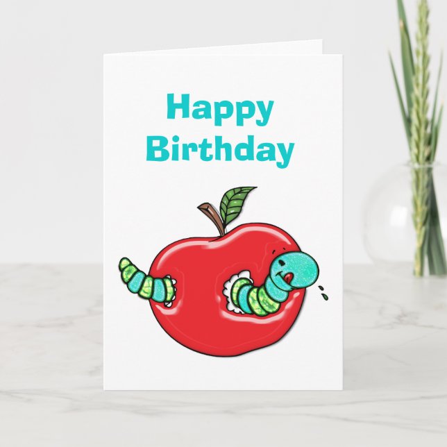 Apple and a Hungry Worm Birthday Card (Front)