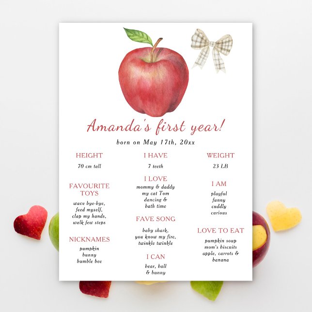 Apple and Bow First Birthday Milestone Birthday Poster (Creator Uploaded)