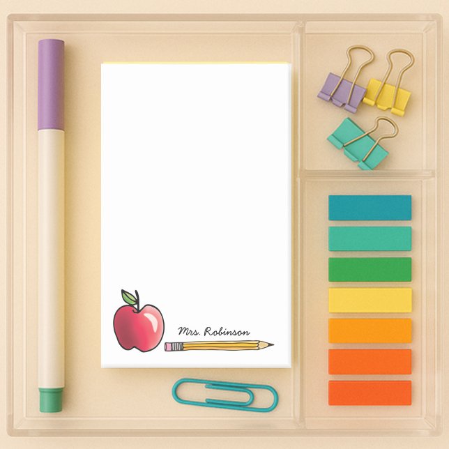 Apple and Pencil Personalised Teacher 4 x 6 Post-it Notes (4x6 white sticky note with apple and pencil with custom name for your teacher)