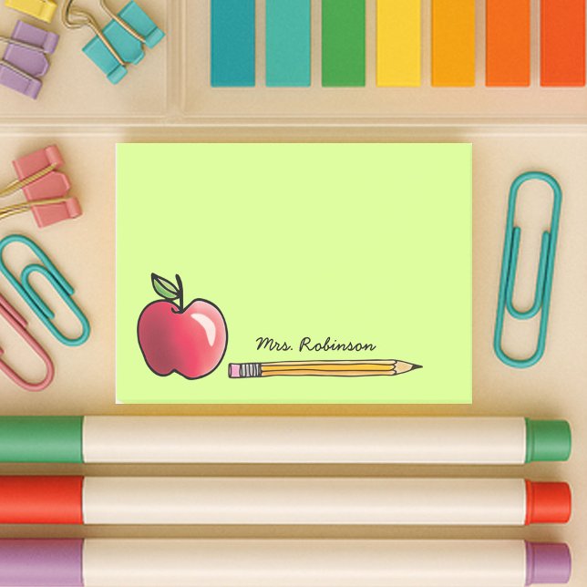 Apple and Pencil Personalised Teacher Green 4x3 Post-it Notes (4 x 3 Teacher sticky notes with a cute design of an apple and pencil on lime green background.)