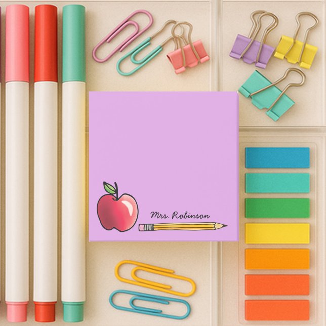 Apple and Pencil Personalised Teacher Purple 3 x 3 Post-it Notes (3x3 purple sticky note with apple, pencil and custom name for teachers.)