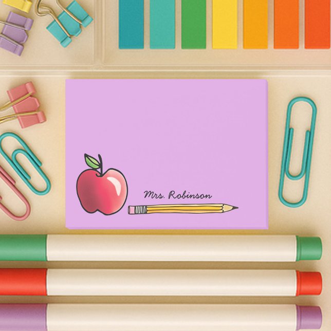 Apple and Pencil Personalised Teacher Purple 4x3 Post-it Notes (4x3 sticky notes for teachers with a cute design of a red apple and pencil with name on purple)