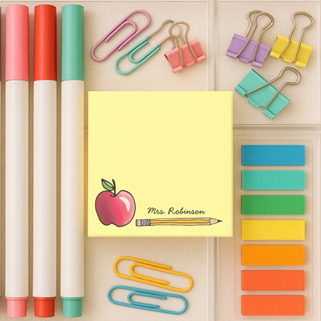 Apple and Pencil Personalised Teacher Yellow 3 x 3 Post-it Notes (Red Apple and Pencil with teacher's name on yellow sticky notes)
