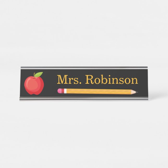Apple and Pencil Teacher Black Modern Desk Name Plate (Front)